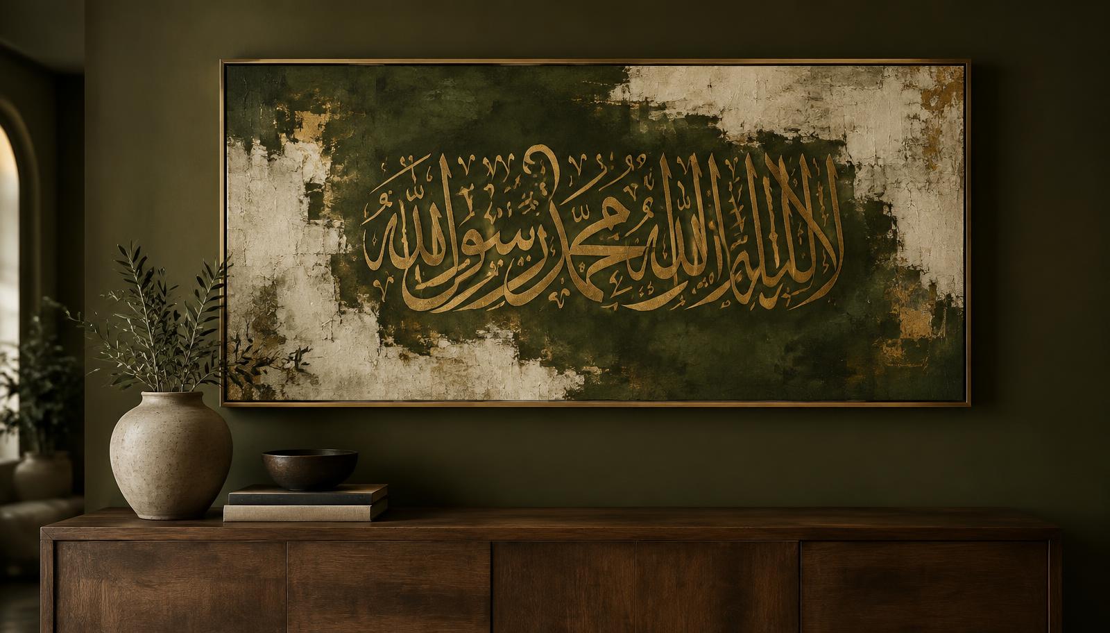 Wide Shahada calligraphy above a wooden console